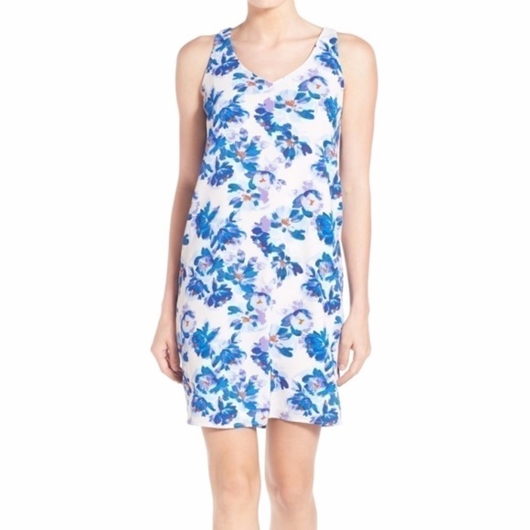 Halogen White Blue Floral Print Shift Mini Dress Size Small - Picture 1 of 10